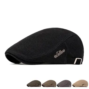 Men's breathable mesh flat cap with adjustable strap and metallic logo accent