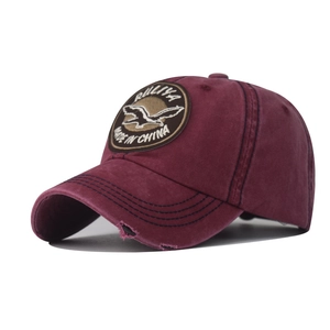 Close-up of distressed brim and embroidered eagle patch on a vintage red baseball cap