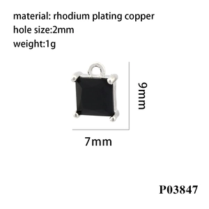 Detail of 7x9mm rhodium-plated square pendant with black zircon and technical specs
