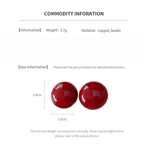 Detail showing red round bead earrings with specifications: 3.7g weight and 1.6cm size