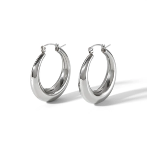 Polished silver stainless steel hollow hoop earrings for women with high gloss finish