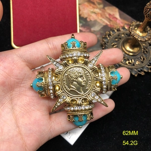 Retro medal brooch with Napoleon portrait cameo, turquoise beads and white rhinestones