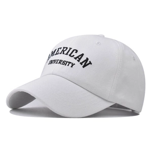 White cotton baseball cap featuring black American University embroidery and curved brim