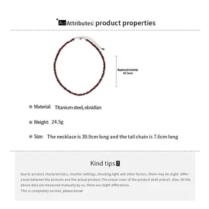 Detailed specs for obsidian and titanium steel necklace, 47.5cm length and 24.5g weight