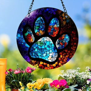 Pendentif de voiture rond en acrylique avec motif de patte en mosaïque colorée