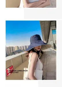 Detail of navy blue wide-brim sun hat with adjustable windproof rope for women