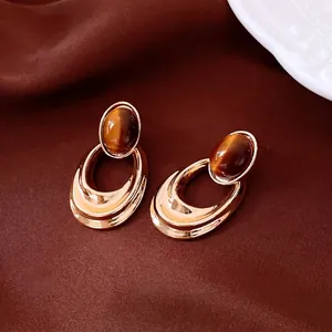 Vintage 18K gold plated oval earrings with natural tiger eye stones for women