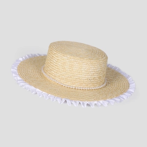 Women Boater Straw Hat With White Lace Ruffle Trim Artificial Pearl Sweet Vintage Sun Protection Summer Beach Vacation