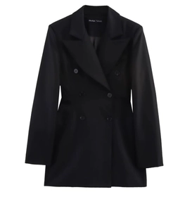 Detail of black double-breasted satin blazer with shoulder pads and classic lapel