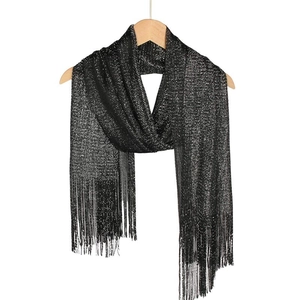 Elegant black shawl with silver metallic glitter and long fringes for evening dresses