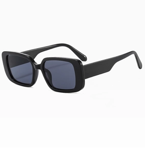 Detailed side view of glossy black square frame sunglasses with wide temples