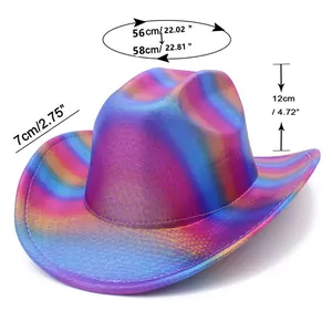 Detailed measurement guide for rainbow cowboy hat showing brim, crown, and circumference