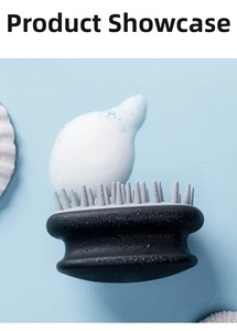 Scalp massage brush with silicone bristles and soapy foam for deep hair cleaning