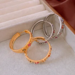 Vintage Floral Hoop Earrings Copper With Colorful Zircon Real Gold Plated Brushed Texture Fashion Jewelry For Women