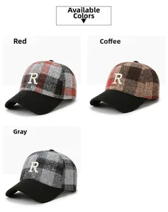 Close-up of retro plaid baseball caps with embroidered R letter and fleece brim