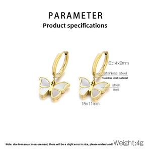 Detail of stainless steel butterfly drop earrings with shell inlay and size measurements