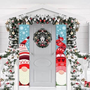 Christmas gnome door banners with red cartoon patterns and blue snowflake hanging on white door