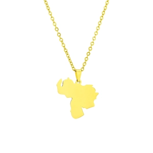Detailed view of a gold Venezuela map pendant on a minimalist stainless steel chain