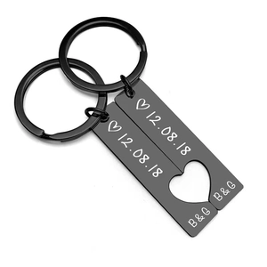 Custom black stainless steel heart couple keychain set with engraved date and initials