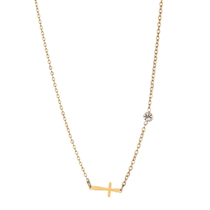 Elegant gold stainless steel necklace with horizontal cross pendant and round zircon stone