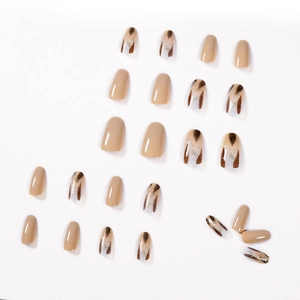 Milk tea leopard print press-on nails with khaki nude tones and gold foil accents