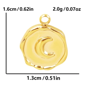 Macro detail of gold round crescent moon pendant showing dimensions 1.6cm by 1.3cm