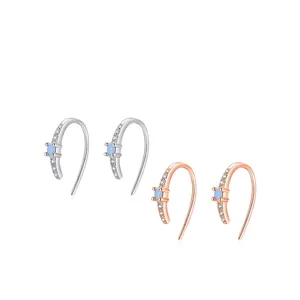 Elegant S925 silver and rose gold hook earrings with blue zircon and micro-pave stones