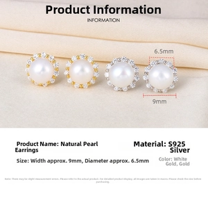 Close-up of S925 silver stud earrings with 6.5mm natural pearls and zircon accents