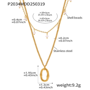 Double-layer gold stainless steel necklace with shell beads and oval pendant dimensions