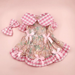 Lolita Style Pink Floral Plaid Pet Dress With Matching Head Bow Sweet Bowknot Cotton Puppy Cat Clothes Summer Apparel