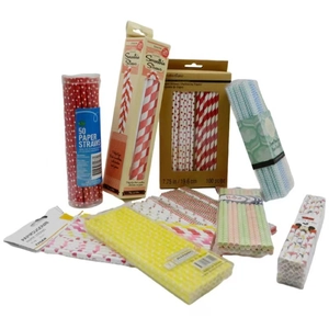 Detail view of assorted colorful paper straws with polka dot and stripe patterns