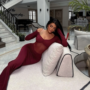 Slim fit wine red long sleeve dress with waist mesh patchwork in luxury interior setting