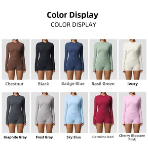 Color display of slim-fit yoga sets featuring zip-up long sleeves and high-waist shorts