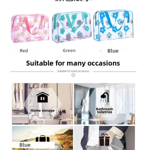 Macro view of transparent PVC toiletry bags with floral daisy prints and zipper closures