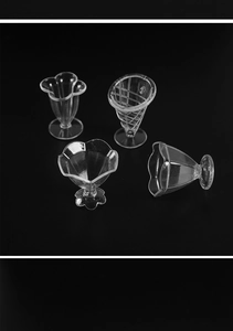 Detailed view of four types of clear miniature dessert cups for DIY resin crafts and food play