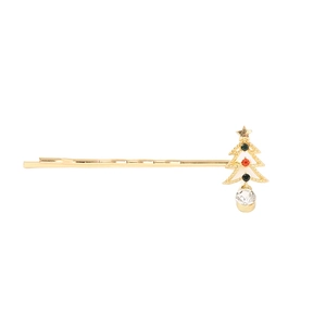 Sparkling Christmas tree hair clip with colorful rhinestones on a gold-tone bobby pin