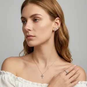 S925 silver jewelry set with turquoise cross necklace, earrings, and blue zircon ring