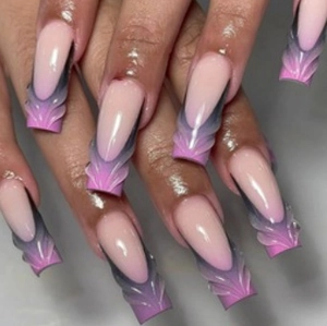 Detail of long coffin press-on nails with pink to grey gradient and 3D relief texture