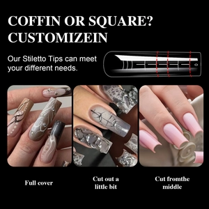 Detailed guide showing Stiletto nail tips customizable into Coffin or Square shapes