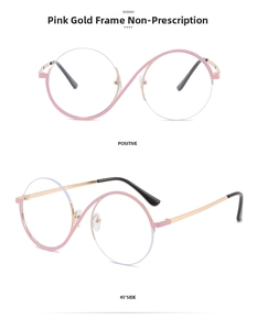 Detail of pink gold metal round frame glasses with wavy bridge design and flat lenses