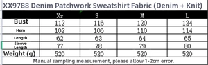 Detailed size chart for denim patchwork sweatshirt and pants set with measurements