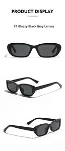 Three-angle product display of retro rectangular sunglasses in glossy black with grey lenses