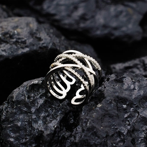 Multi-layer crossover stainless steel ring with micro-pave cubic zirconia on black rock