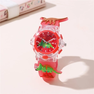 Detail of red silicone kids watch featuring 3D dinosaur relief and quartz movement