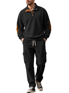 Detail of corduroy texture and brown suede patches on black henley neck sweatshirt set