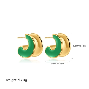 Detail view of gold C-shape earrings with green enamel and size markings 19mm by 15mm