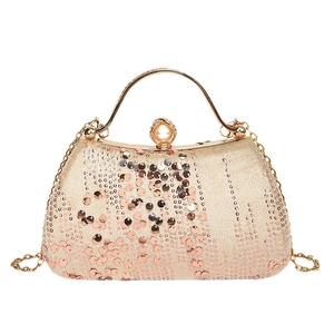 Sparkling champagne gold sequin evening clutch bag with pearl clasp and metal handle