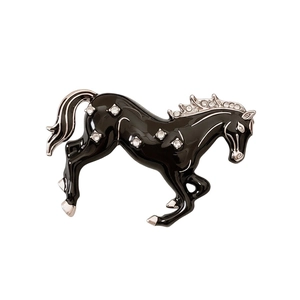 Vintage Chinese style horse brooch in black enamel with silver plating and rhinestones