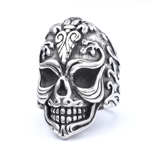 Skull Ring Stainless Steel Carved Gothic Punk Vintage Biker Band For Men Halloween Jewelry