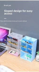 Detail of multi-compartment diagonal desk organizer with light blue and frosted finish